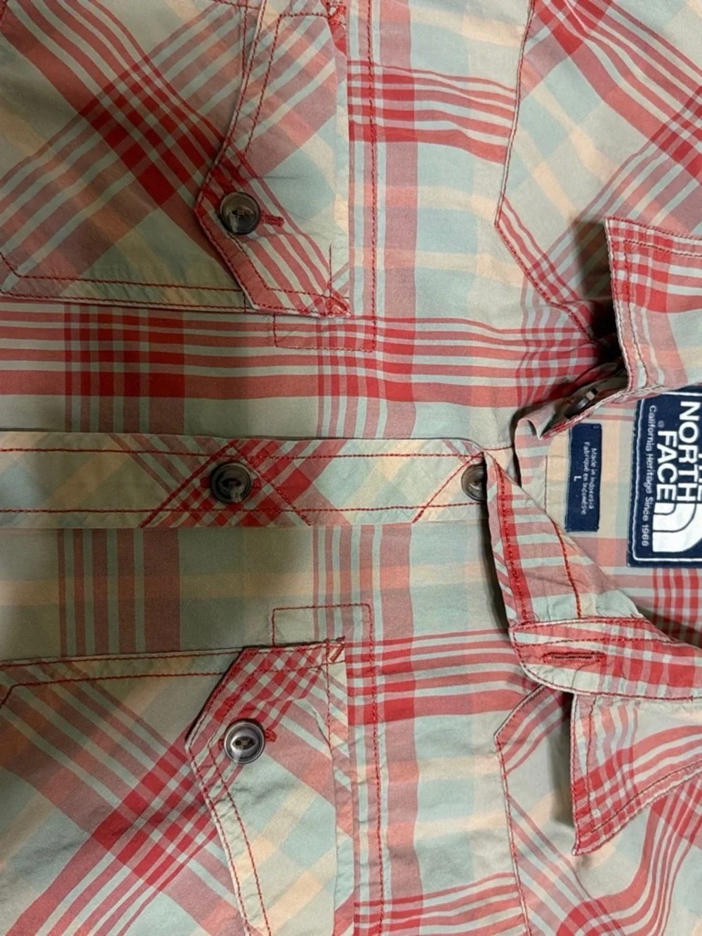 The North Face Red and Tan Plaid Short-Sleeve Button Down Shirt